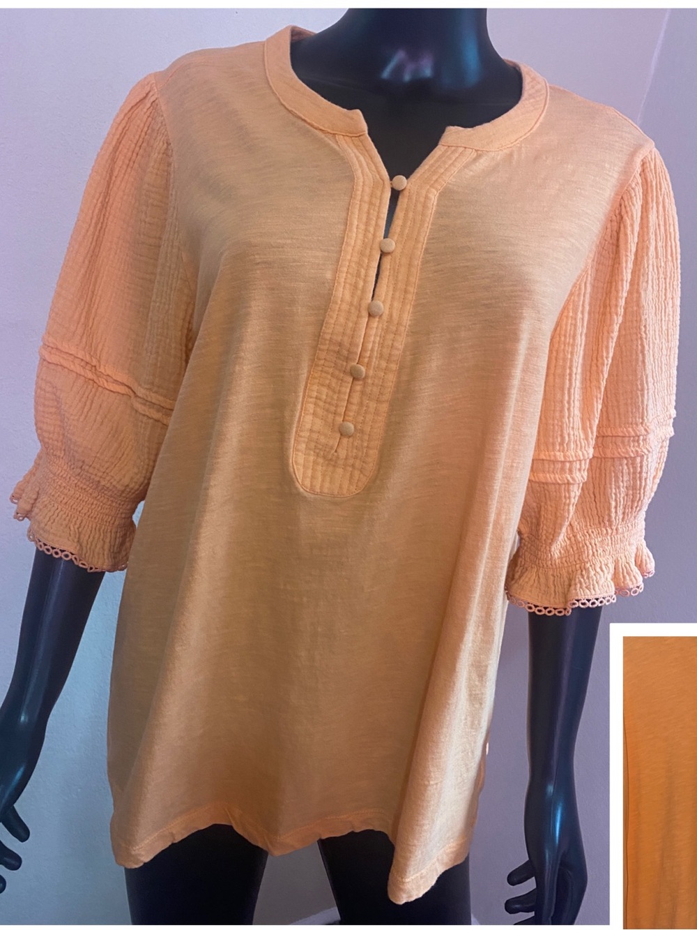 Wonderly Peach Orange Short Sleeve Henley with Lace-Trim Puff Sleeves